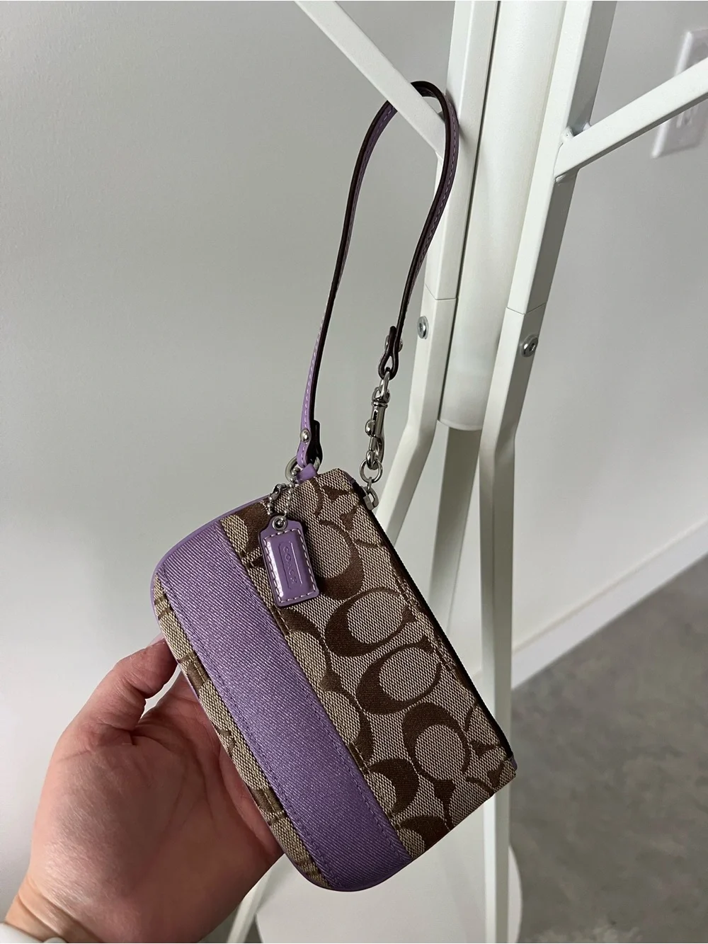 Coach Brown Signature Canvas Wristlet with Lavender Trim
